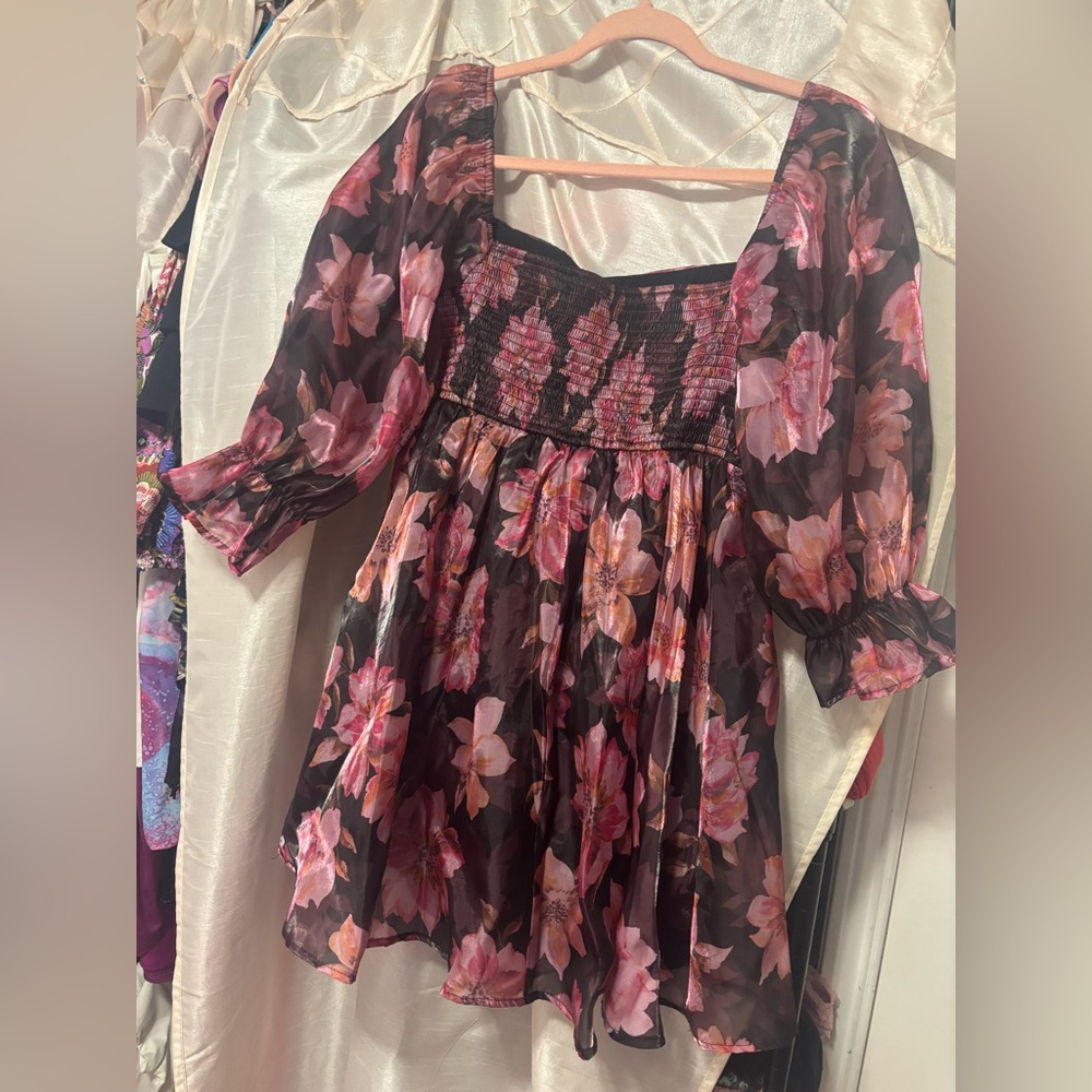Floral Smocked Square-Neck Dress in Black and Pink